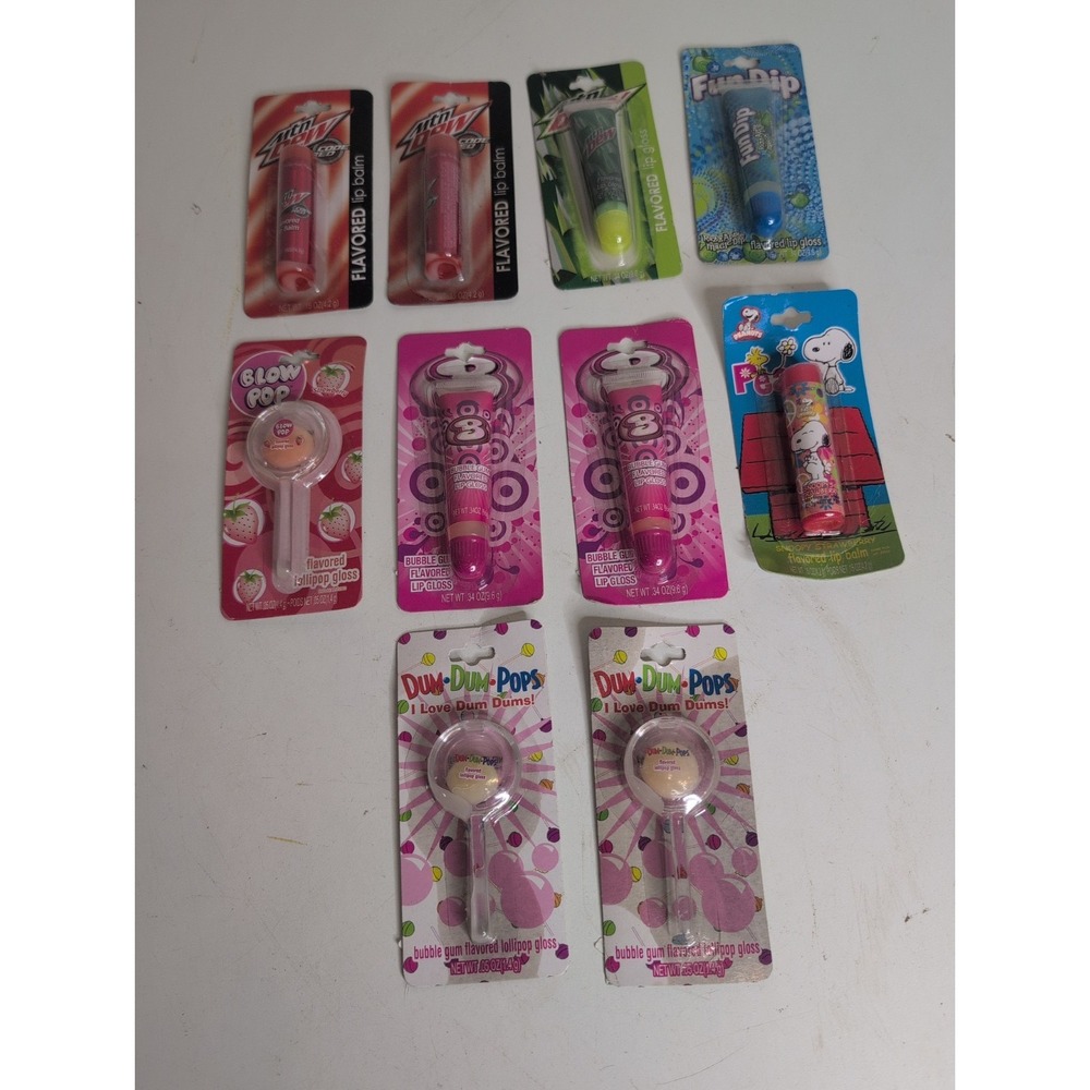 Vtg Mixed Lot (10) Lotta Luv Lip Gloss/ Balm 2010 Mountain Dew Blow Pop Snoopy